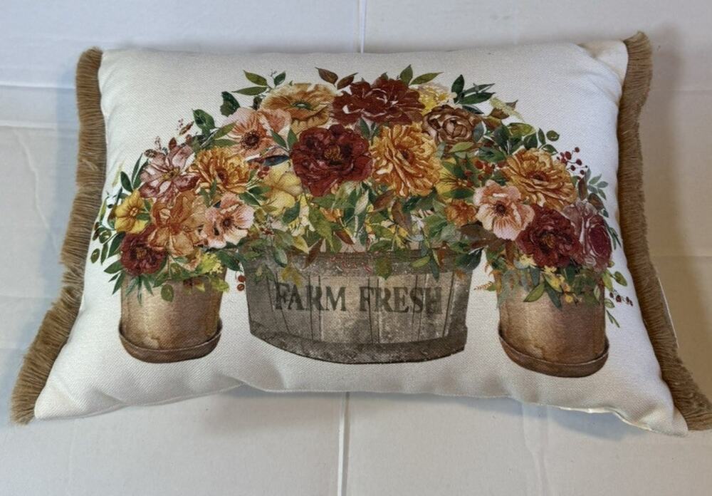LOVING KINDNESS Fall Farm Fresh Floral Small Throw Fringe Pillow 10"x15"